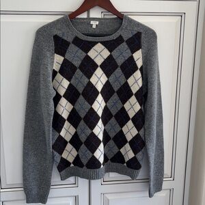 J Crew 100% Lambswool Preppy Argyle Crewneck Sweater Gray Brown Women’s Large